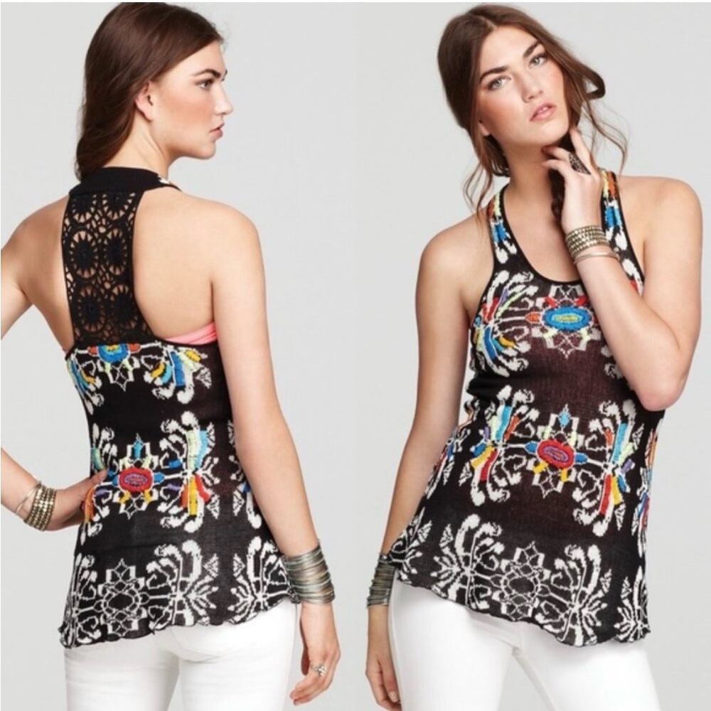 FREE PEOPLE Flower Power Crochet Tunic Boho Hippie Festival Swing Top  Sz:Medium